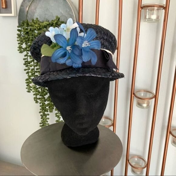 Vintage Blue Straw Hat Floral Accent Union Made main image 6